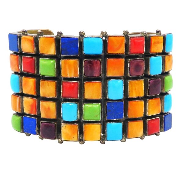 Vintage Sterling Silver Navajo Roie Jaque Multi Gemstone Mosaic Cuff Bracelet - Picture 1 of 8